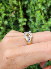 Load image into Gallery viewer, 1841: Vintage: 9ct Gold Tanzanites Diamonds Crossover Cocktail Ring- sparkling symmetry