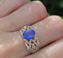 Cargar imagen en el visor de la galería, 2344: Vintage:  14ct Gold  Large Vibrant Blue Tanzanite Pave Diamonds Openwork Dress Ring- Exceptional