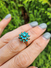 Load image into Gallery viewer, 1568: Vintage: Old 9ct Yellow Gold 19 Turquoises Floral Cluster Ring- exquisite