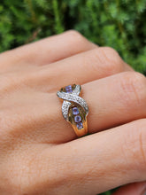 Load image into Gallery viewer, 1841: Vintage: 9ct Gold Tanzanites Diamonds Crossover Cocktail Ring- sparkling symmetry