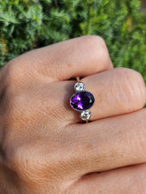 Load image into Gallery viewer, 1955: Vintage: Platinum Amethyst (1.64ct) Diamonds (0.5ct) 3-Stone Straight Ring- an absolute beauty.