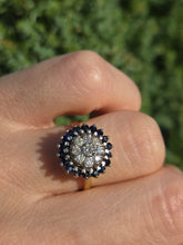 Cargar imagen en el visor de la galería, 2324: Vintage: 18ct Gold Blue Sapphires Diamonds Target Ring- From 1974