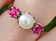Load image into Gallery viewer, 0810: Vintage: 18ct White Gold Cultured Pearl Rubies 3_Stone Ring- eclectic design