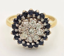 Cargar imagen en el visor de la galería, 2324: Vintage: 18ct Gold Blue Sapphires Diamonds Target Ring- From 1974