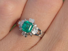 Load image into Gallery viewer, 2341 Vintage: Platinum Emerald Cut Emerald Diamonds Cocktail Cluster Ring
