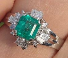 Load image into Gallery viewer, 2342 Vintage: Platinum Emerald Cut Emerald Diamonds Cocktail Cluster Ring