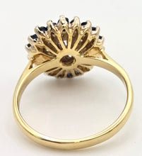 Cargar imagen en el visor de la galería, 2324: Vintage: 18ct Gold Blue Sapphires Diamonds Target Ring- From 1974