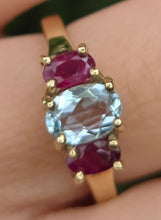 Load image into Gallery viewer, 2160: Vintage; 9ct Gold Blue Aquamarine Scarlet Red Topaz Dress Ring- seductive combination