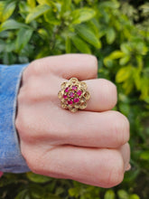 Cargar imagen en el visor de la galería, 1252: Vintage: 14ct Gold 7 Rubies Swirl Statement Cocktail Ring- remarkable, good weight