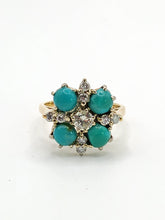 Cargar imagen en el visor de la galería, 9080: Vintage Old : 18ct Gold Turquoise Diamonds Flowerhead Ring- sparkling symmetr