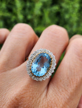 Load image into Gallery viewer, 1898: Vintage: 9ct Gold Swiss Blue Topaz 24 Diamonds Lady Diana Style Cluster Ring