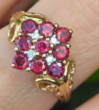 Load image into Gallery viewer, 6439: Vintage; 9ct Gold 9 Red Garnets 4 Natural Diamonds Geometric Set Dress Ring