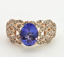 Cargar imagen en el visor de la galería, 2344: Vintage:  14ct Gold  Large Vibrant Blue Tanzanite Pave Diamonds Openwork Dress Ring- Exceptional