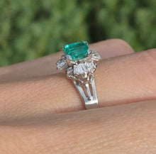 Load image into Gallery viewer, 2342 Vintage: Platinum Emerald Cut Emerald Diamonds Cocktail Cluster Ring