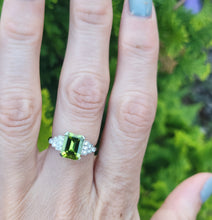 Load image into Gallery viewer, 1805: Vintage: Platinum Emerald Cut Peridot Diamonds Ring- crisp, sparkling, eye candy