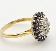Cargar imagen en el visor de la galería, 2324: Vintage: 18ct Gold Blue Sapphires Diamonds Target Ring- From 1974