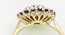 Cargar imagen en el visor de la galería, 2324: Vintage: 18ct Gold Blue Sapphires Diamonds Target Ring- From 1974