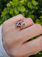 Cargar imagen en el visor de la galería, 1084: Vintage: 9ct Gold Art Deco Style Rubies Diamonds Ring- geometric beauty