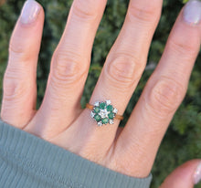 Load image into Gallery viewer, 6185 Vintage: 18ct Gold 6 Emeralds 7 Diamonds Flower Head Ring-