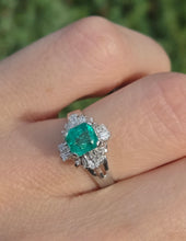 Load image into Gallery viewer, 2342 Vintage: Platinum Emerald Cut Emerald Diamonds Cocktail Cluster Ring