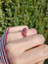 Cargar imagen en el visor de la galería, 1157: Vintage; 9ct Gold Abstract Cluster Rubies Diamonds Ring- striking design