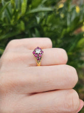 Cargar imagen en el visor de la galería, 1206: Vintage; 18ct Gold Rubies Diamond Cluster Ring- rare design, lovely stones
