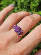 Load image into Gallery viewer, 1665: Vintage; 14ct Gold Amethysts Diamonds Trilogy Ring- voluptuous beauty