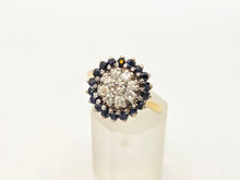 Cargar imagen en el visor de la galería, 2324: Vintage: 18ct Gold Blue Sapphires Diamonds Target Ring- From 1974
