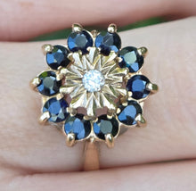 Load image into Gallery viewer, 2121: Vintage: 9ct Gold Diamond Blue Sapphires Diamonds Flower Head Ring- from 1980