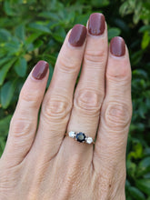 Load image into Gallery viewer, 2071: Vintage; 18ct Gold French Blue Sapphire Diamonds (0.3ct) Three Stone Ring- From 1984