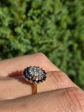 Cargar imagen en el visor de la galería, 2324: Vintage: 18ct Gold Blue Sapphires Diamonds Target Ring- From 1974