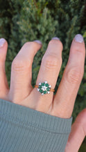 Load image into Gallery viewer, 6185 Vintage: 18ct Gold 6 Emeralds 7 Diamonds Flower Head Ring-