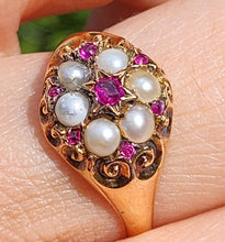 Load image into Gallery viewer, 1607: Antique: 15ct Gold Rubies Pearls Flowerhead Cluster Ring- From 1922- Remarkable