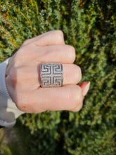Load image into Gallery viewer, 6330 Vintage: 9ct White Gold Large Greek Key Natural Sparkling Diamonds Statement Ring