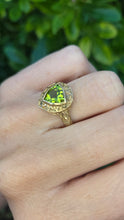 Load image into Gallery viewer, 2232 9ct gold Shield-- Cut Peridot Ornate Signet Ring