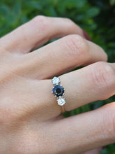 Load image into Gallery viewer, 2071: Vintage; 18ct Gold French Blue Sapphire Diamonds (0.3ct) Three Stone Ring- From 1984
