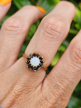 Load image into Gallery viewer, 2090: Vintage; 9ct Gold White Opal 12 Blue Sapphires Flower head Ring- From 1976