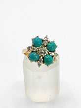 Cargar imagen en el visor de la galería, 9080: Vintage Old : 18ct Gold Turquoise Diamonds Flowerhead Ring- sparkling symmetr