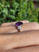 Load image into Gallery viewer, 1955: Vintage: Platinum Amethyst (1.64ct) Diamonds (0.5ct) 3-Stone Straight Ring- an absolute beauty.