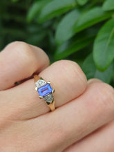 Load image into Gallery viewer, 8232: Vintage; 9ct Gold Emerald cut Tanzanite Diamonds Dress; Ring- lovely cut and colour