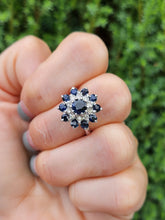 Cargar imagen en el visor de la galería, 6046: Vintage; 18ct White Gold 11 Blue Sapphires 10 Diamonds Cocktail Ring- lovely symmetry - substantial beauty