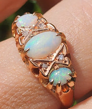 Load image into Gallery viewer, 1756: Antique: 9ct Rose Gold Vivid White Opals Diamonds Boat Ring- From 1912
