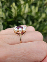 Load image into Gallery viewer, 6352: Vintage 9ct Gold Amethyst Pearls Flower Head Ring- finest quality