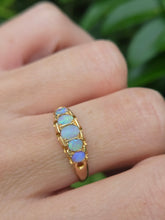 Load image into Gallery viewer, 2198: Vintage: 18ct Gold 5 White Opals Dress/Stacker Ring- Petite, vibrant colour play