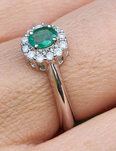 Load image into Gallery viewer, 6434: Vintage: 18ct White Gold Emerald 12 Diamonds Ring