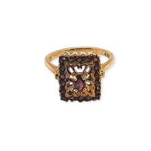 Cargar imagen en el visor de la galería, 1142: Vintage: 9ct Gol Art Deco Style Garnets Geometric Set Ring- Date- Mark 1972
