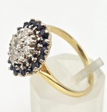 Cargar imagen en el visor de la galería, 2324: Vintage: 18ct Gold Blue Sapphires Diamonds Target Ring- From 1974