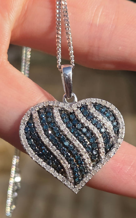Vintage: 9ct White Gold Blue & White Diamond 1.36ct Heart Pendant & Curb Chain