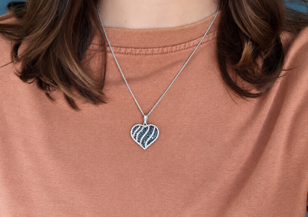Vintage: 9ct White Gold Blue & White Diamond 1.36ct Heart Pendant & Curb Chain