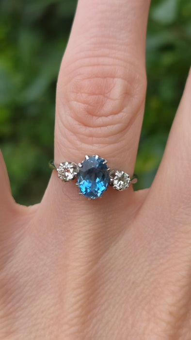 Vintage: 18ct White Gold & Platinum Aquamarine 1.55ct & Diamond 0.34ct Three-Stone Ring